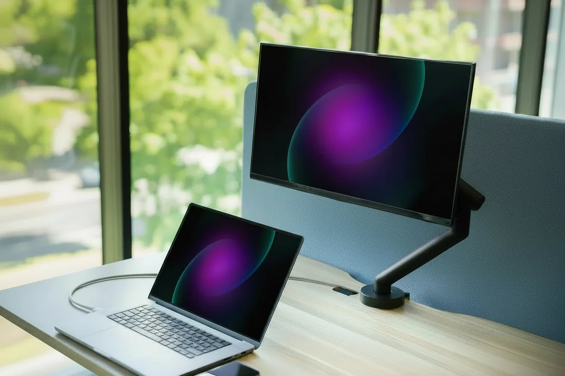 Two computer monitors and a laptop on a desk with a window in the background