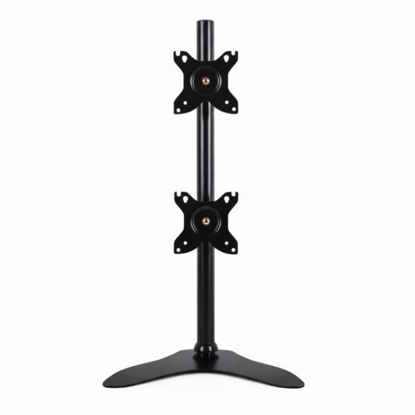 Black adjustable monitor stand on a white background
