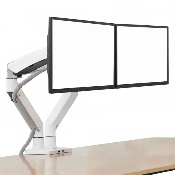Dual monitor arm holding two screens on a clean desk, ergonomic office desk setup