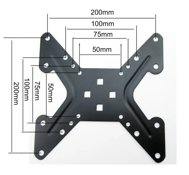 Black VESA monitor mount adapter plate with labeled dimensions for desk setup