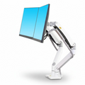 Dual monitor arm mount in white for ergonomic desk setup, supporting two flat screen monitors