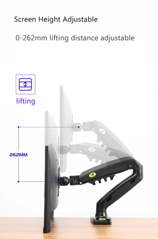 Adjustable monitor arm on desk showing 262mm height range for ergonomic setup
