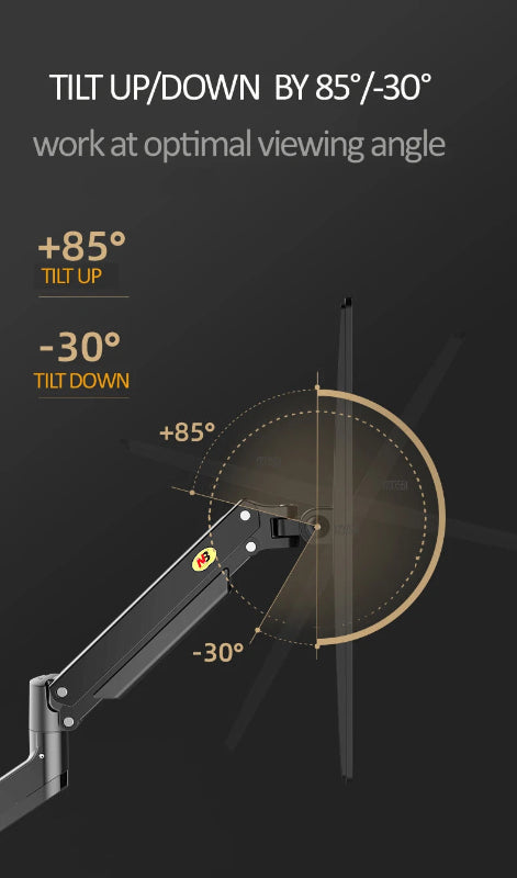 Adjustable monitor arm tilting up 85 degrees and down 30 degrees for ergonomic setup