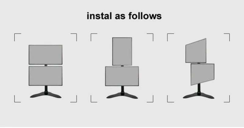 Three monitor arm setup options for dual displays, showing vertical, horizontal, and angled desk mount configurations.