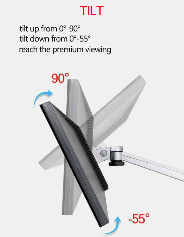 Monitor with tilt feature showing range from 0° to 90° and -55° on a white background.