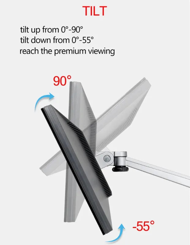 Monitor arm showing adjustable tilt range from 90° up to 55° down for ergonomic viewing.