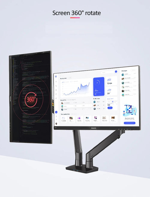Dual adjustable monitor arms with screens in landscape and portrait orientation, ergonomic desk setup