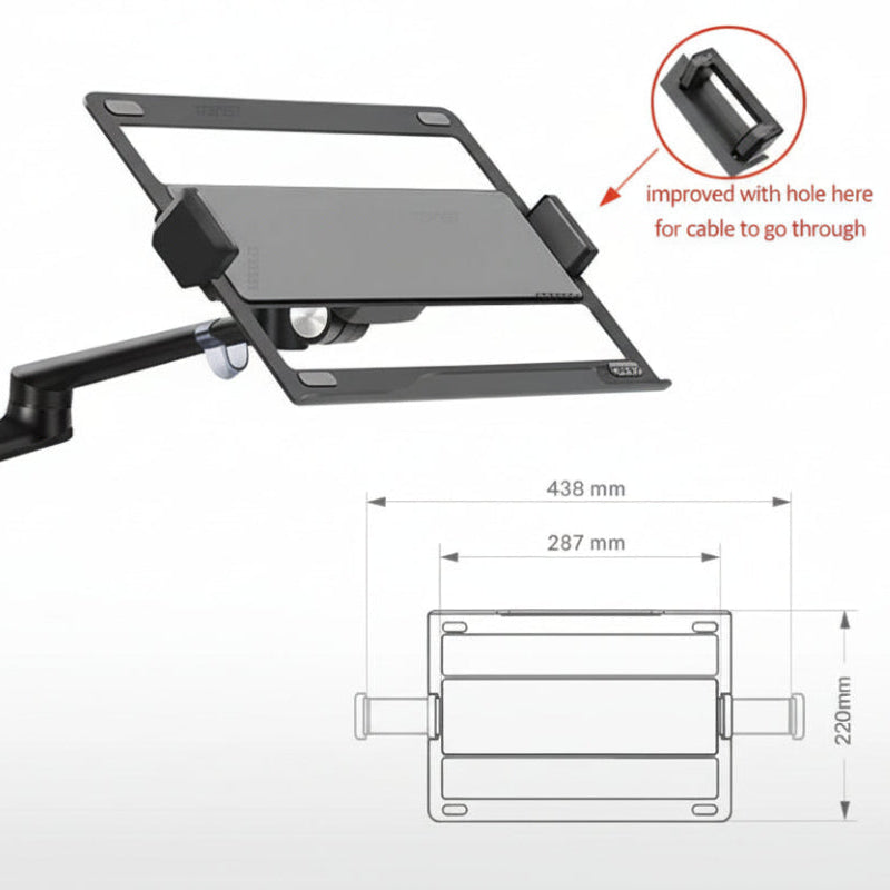 Laptop stand with adjustable clamp and tilt joint, showing dimensions and features.