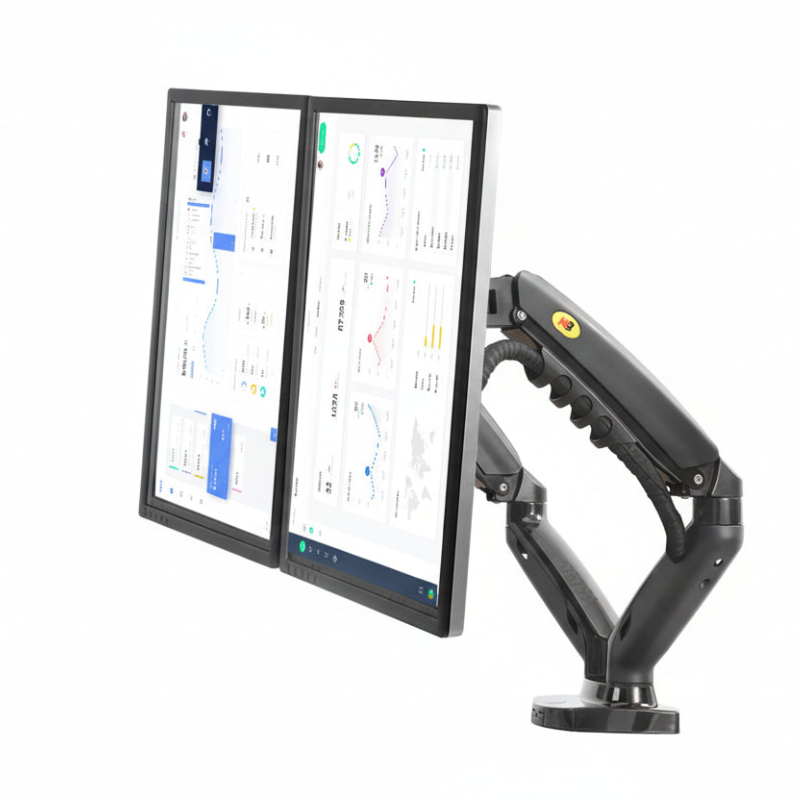 Dual monitor stand with two screens displaying software interfaces on a white background