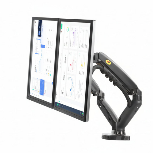 Dual monitor arm holding two vertical monitors for ergonomic desk setup