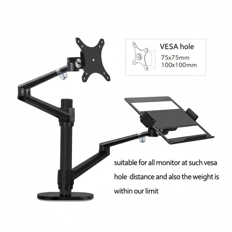 Black adjustable monitor and tablet stand with VESA hole compatibility on a white background