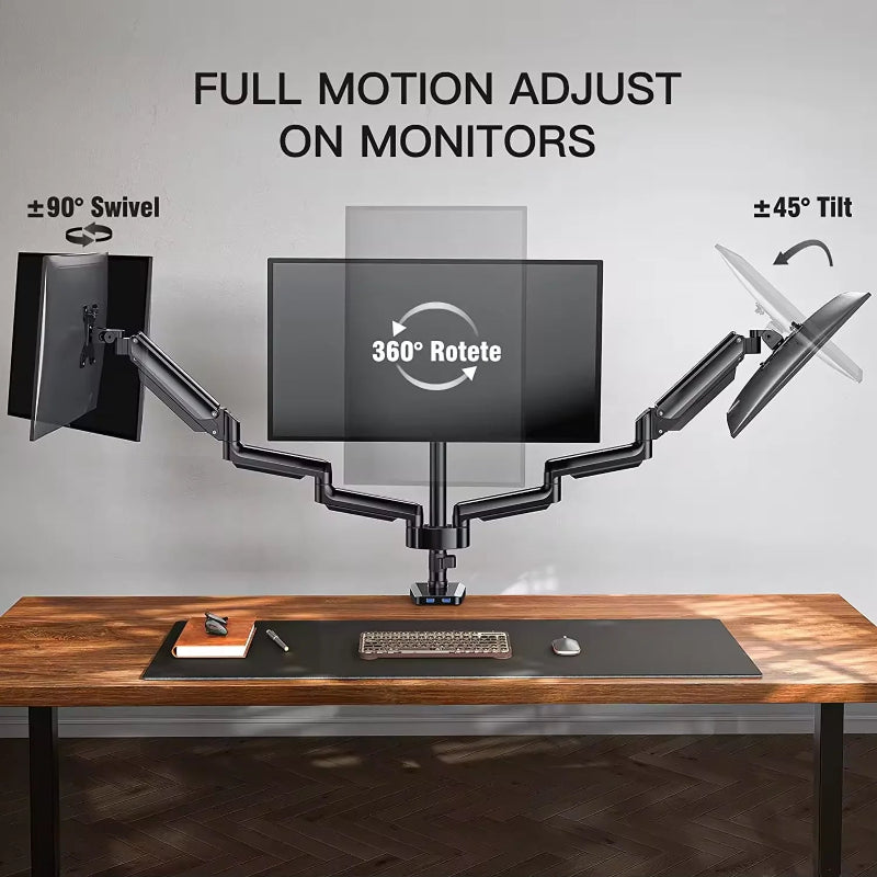 Monitor arm with swivel, rotate, and tilt features on a desk.