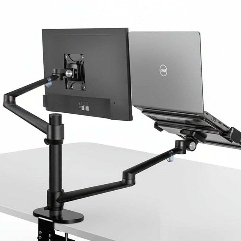 Black adjustable desk mount with a monitor and laptop on a white background