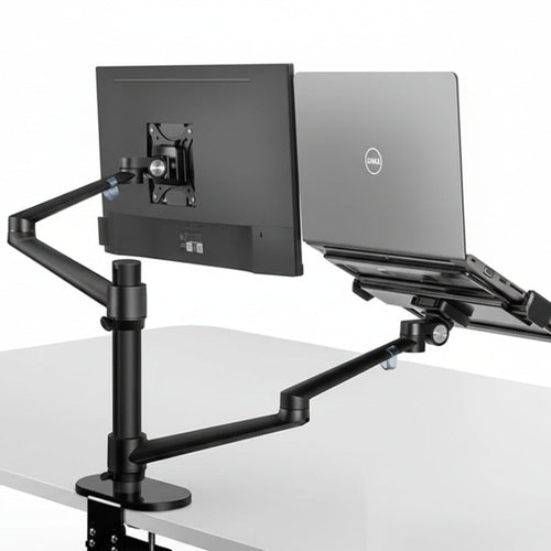 Dual monitor and laptop arm mount for ergonomic desk setup on white table