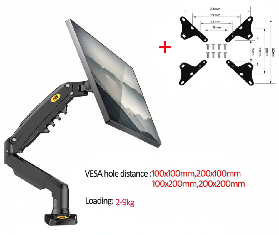 Adjustable monitor arm with VESA mount kit, ergonomic desk accessory, supports 2-9kg