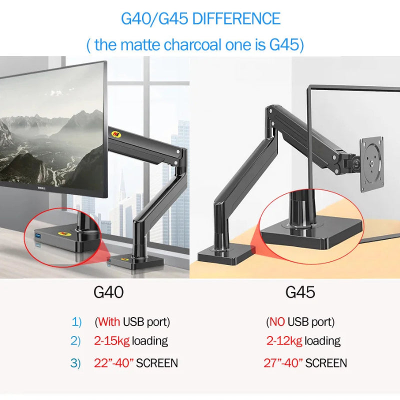 Comparison of G40 and G45 monitor arms with specifications highlighted.