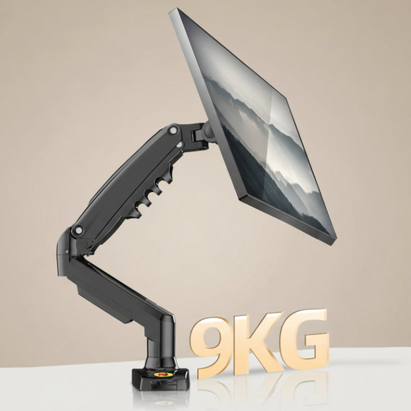 Monitor arm with a monitor on a beige background, displaying '9KG' in gold.