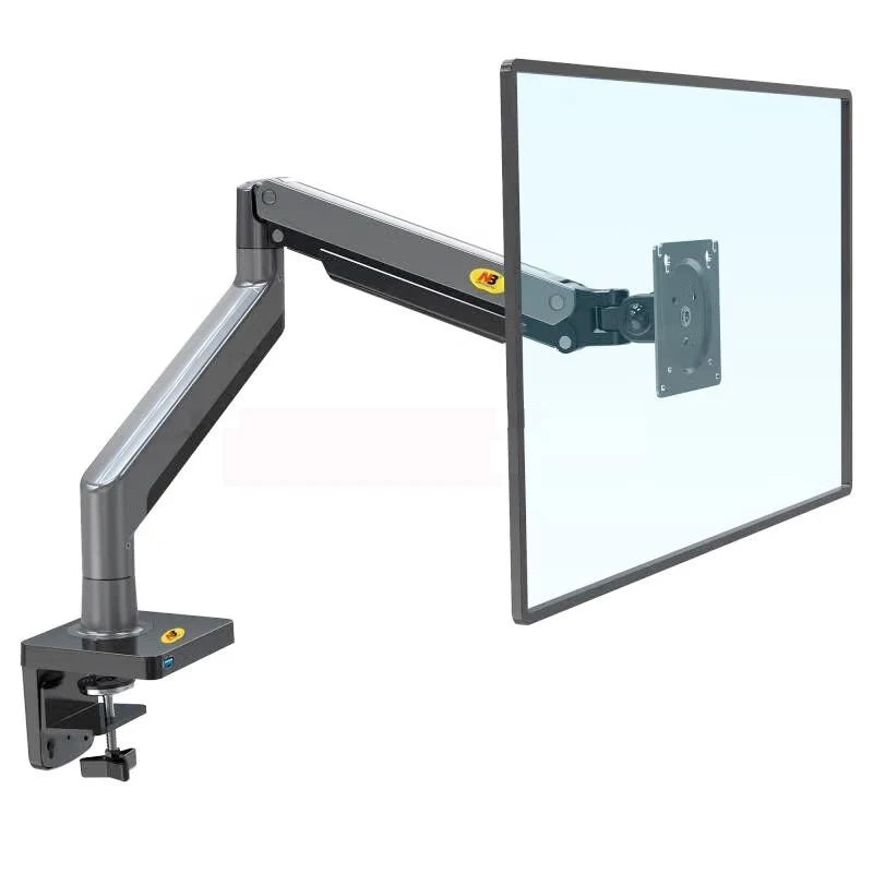 Adjustable ergonomic monitor arm with clamp mount for desk setup, shown holding a screen