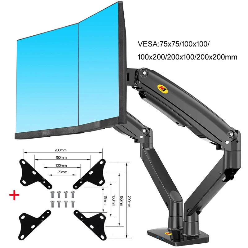NB F195A Dual Monitor Arm - 22-32" Screens, Gas Spring, Full Motion, 3-12kg Capacity - Aluminum Desk Mount with USB