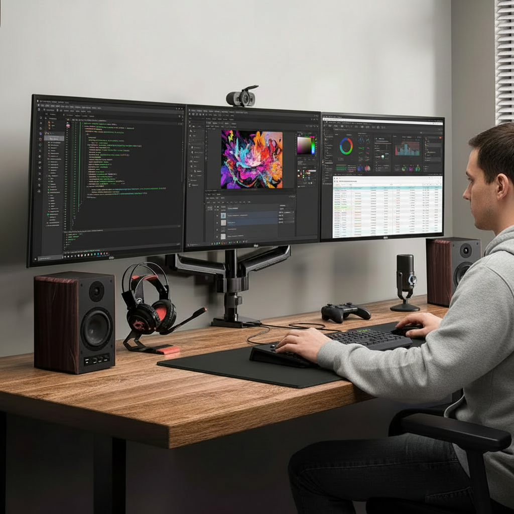 Person working at a desk with multiple monitors and gaming equipment.