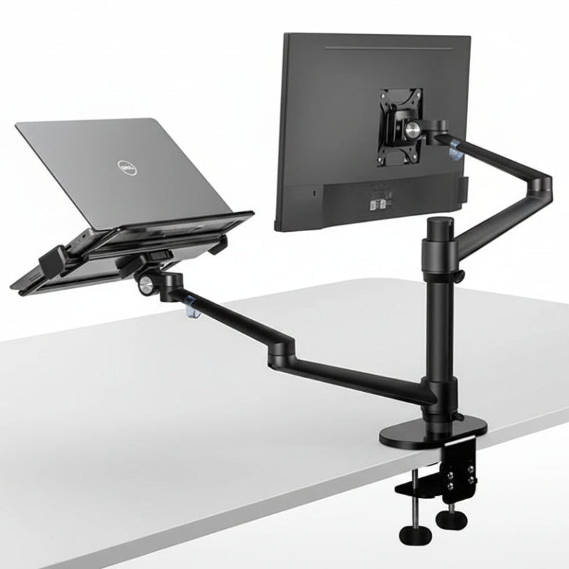 Black adjustable monitor and laptop stand with a white background