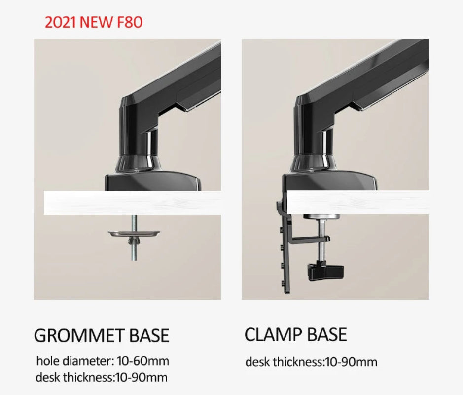 Grommet and clamp base for a desk setup with specifications.