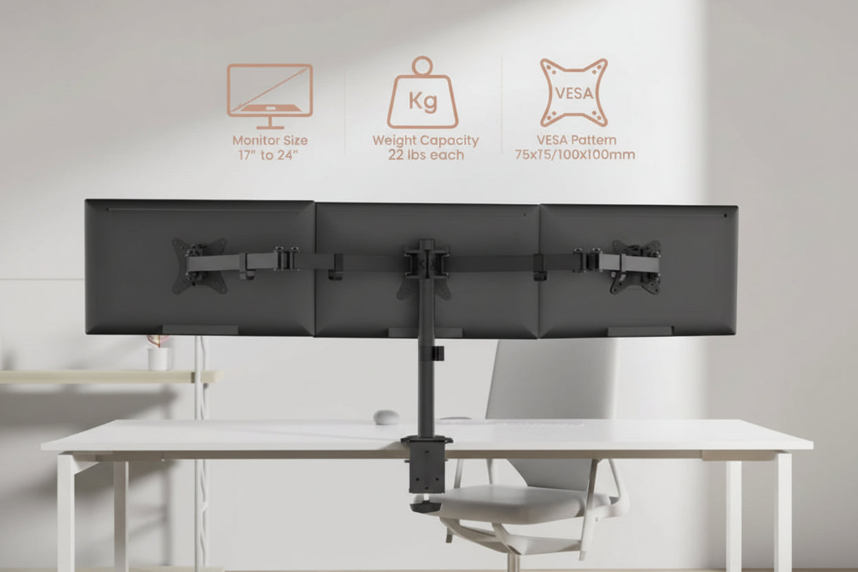 Triple monitor stand on a desk with office chair in the background
