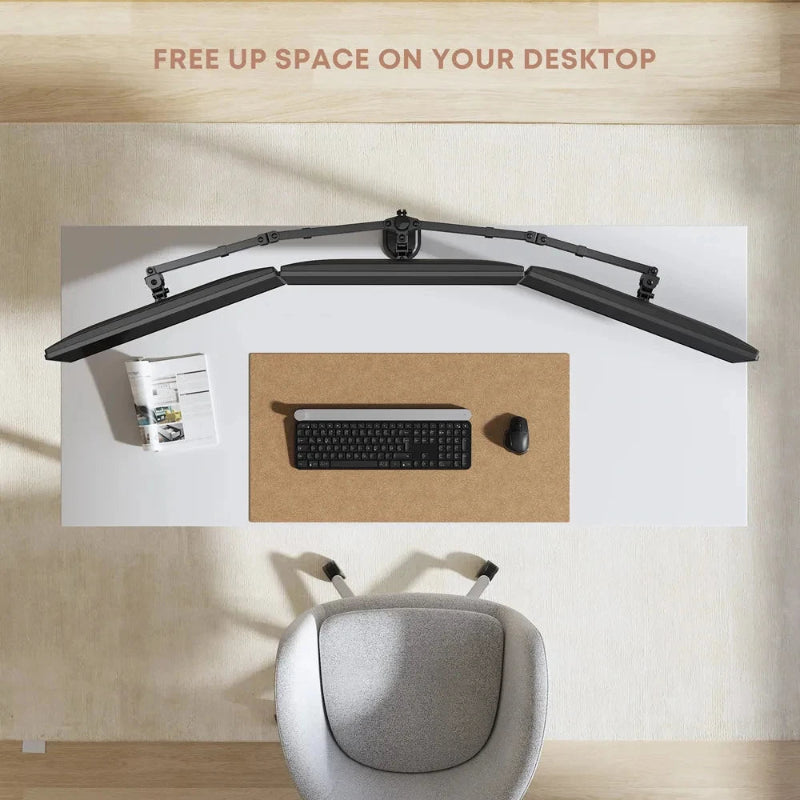 Computer setup with a monitor stand, keyboard, mouse, and chair on a desk.