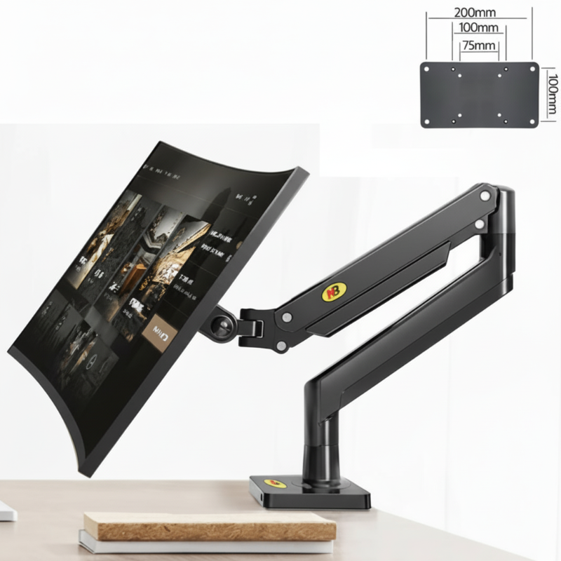 Black adjustable monitor stand with a screen on a white background