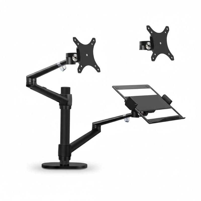 Black dual monitor and laptop stand with VESA mounts on a white background