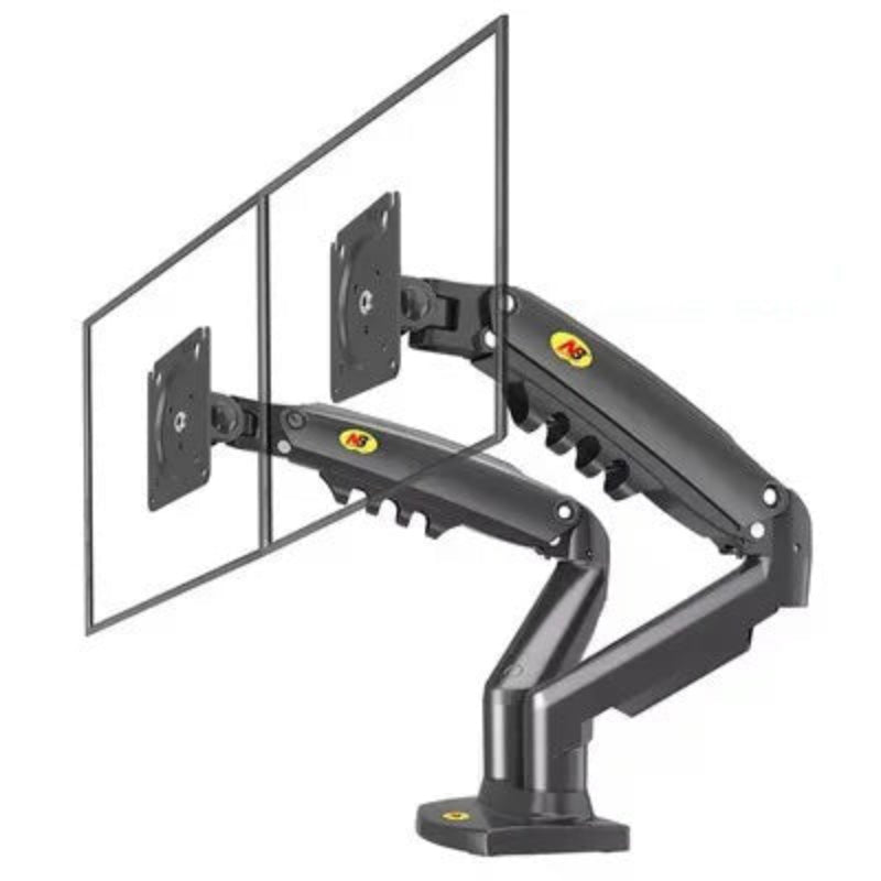 Black dual monitor arm with two mounted monitors on a white background