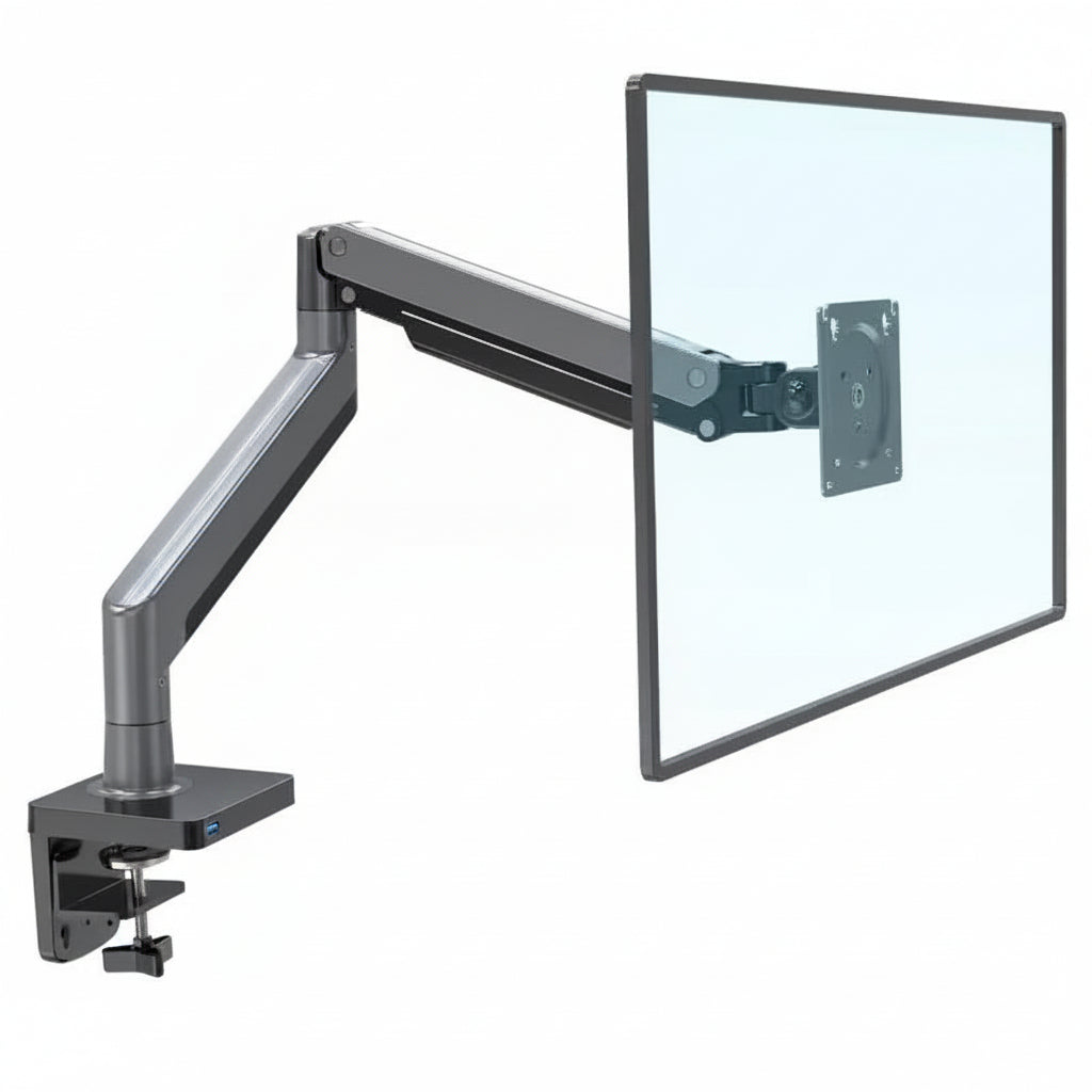 Adjustable ergonomic monitor arm with clamp mount for desk setup, shown holding a screen