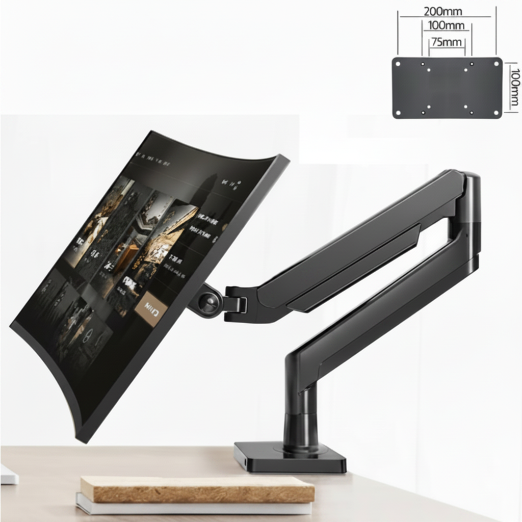Ergonomic black monitor arm holding a curved screen on a clean desk with VESA mount dimensions shown.