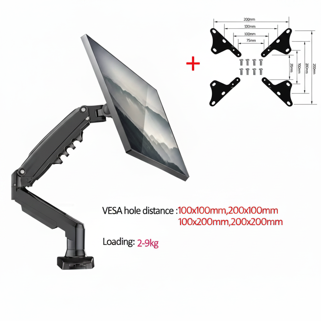 Adjustable monitor arm with VESA mount kit, ergonomic desk accessory, supports 2-9kg