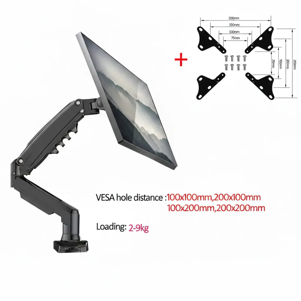 Adjustable monitor arm with VESA mount kit, ergonomic desk accessory, supports 2-9kg