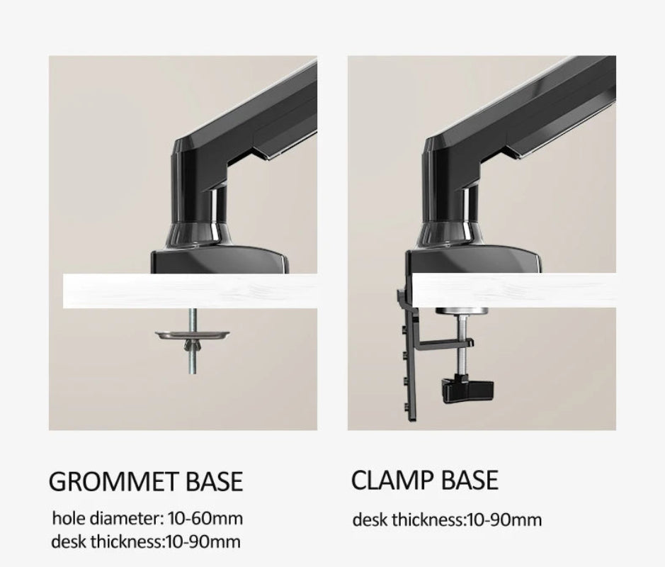 Monitor arm with grommet and clamp base installation options for ergonomic desk setup