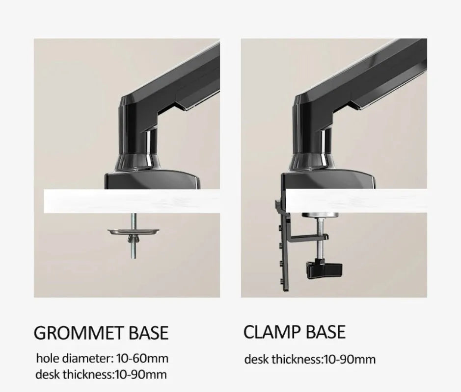 Monitor arm with grommet and clamp base installation options for ergonomic desk setup
