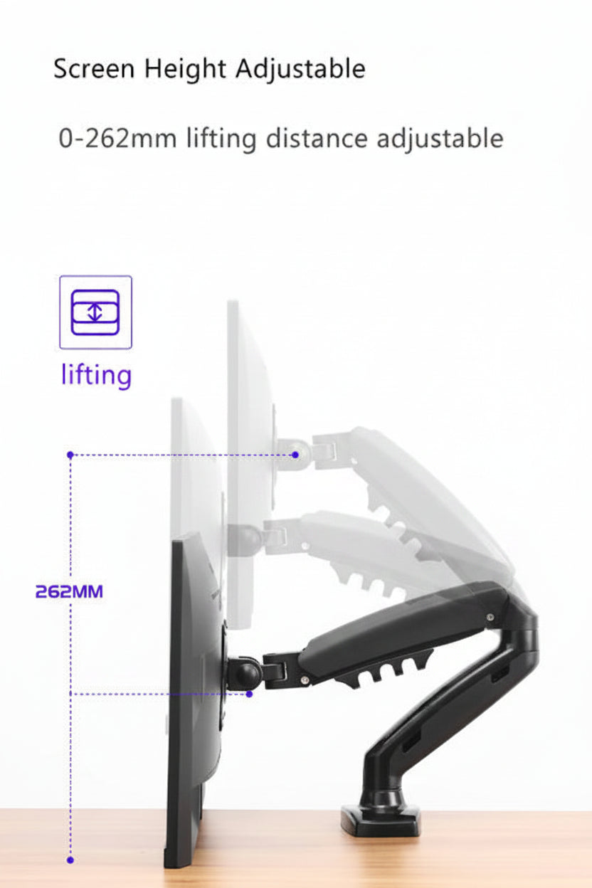 Adjustable monitor arm on desk showing 262mm height range for ergonomic setup