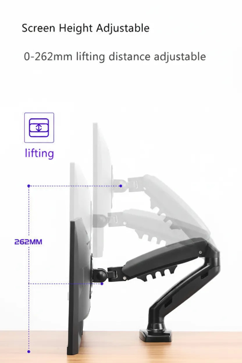 Adjustable monitor arm on desk showing 262mm height range for ergonomic setup
