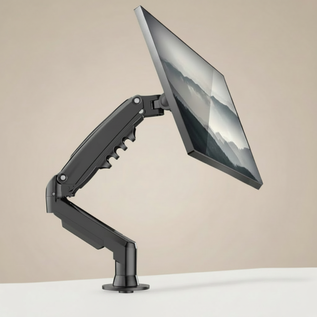 Heavy-duty adjustable monitor arm holding a widescreen display, weight capacity 9KG