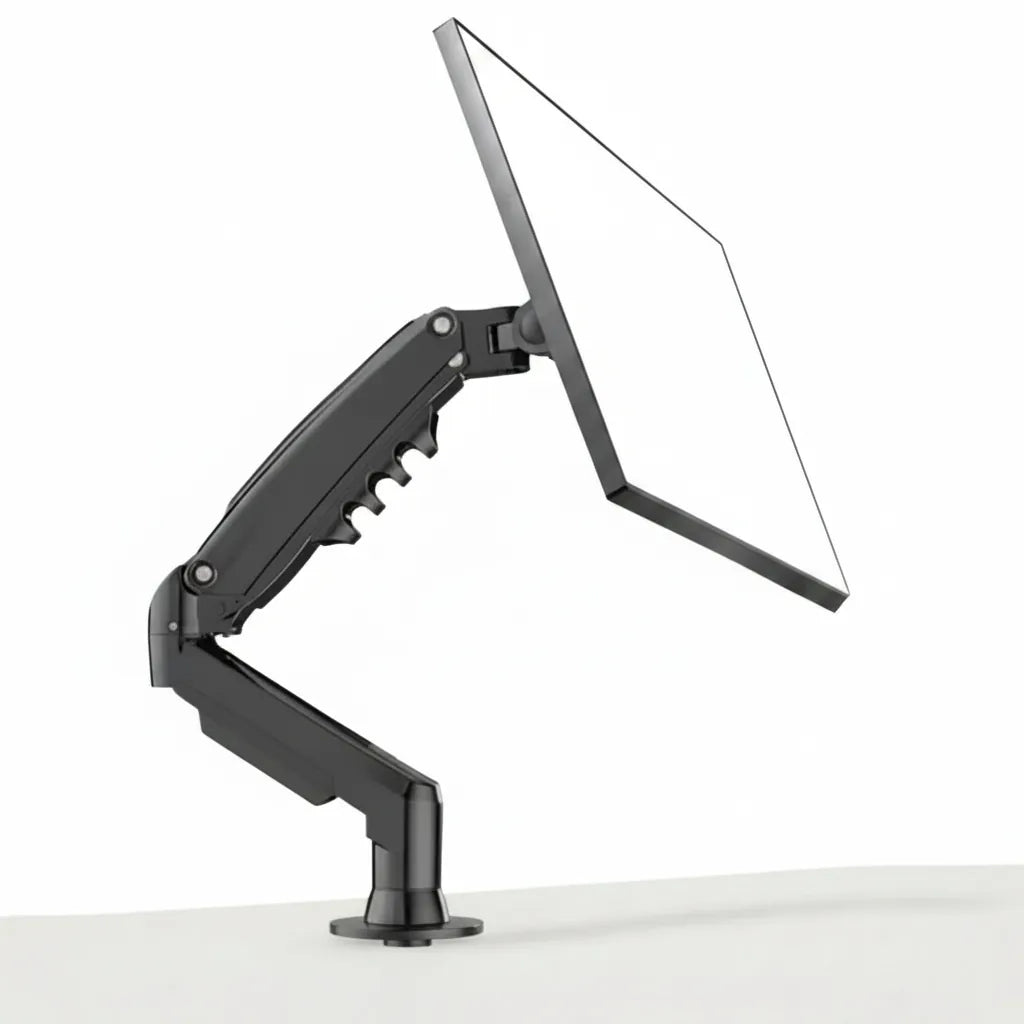 Black adjustable monitor stand with a screen on a white background
