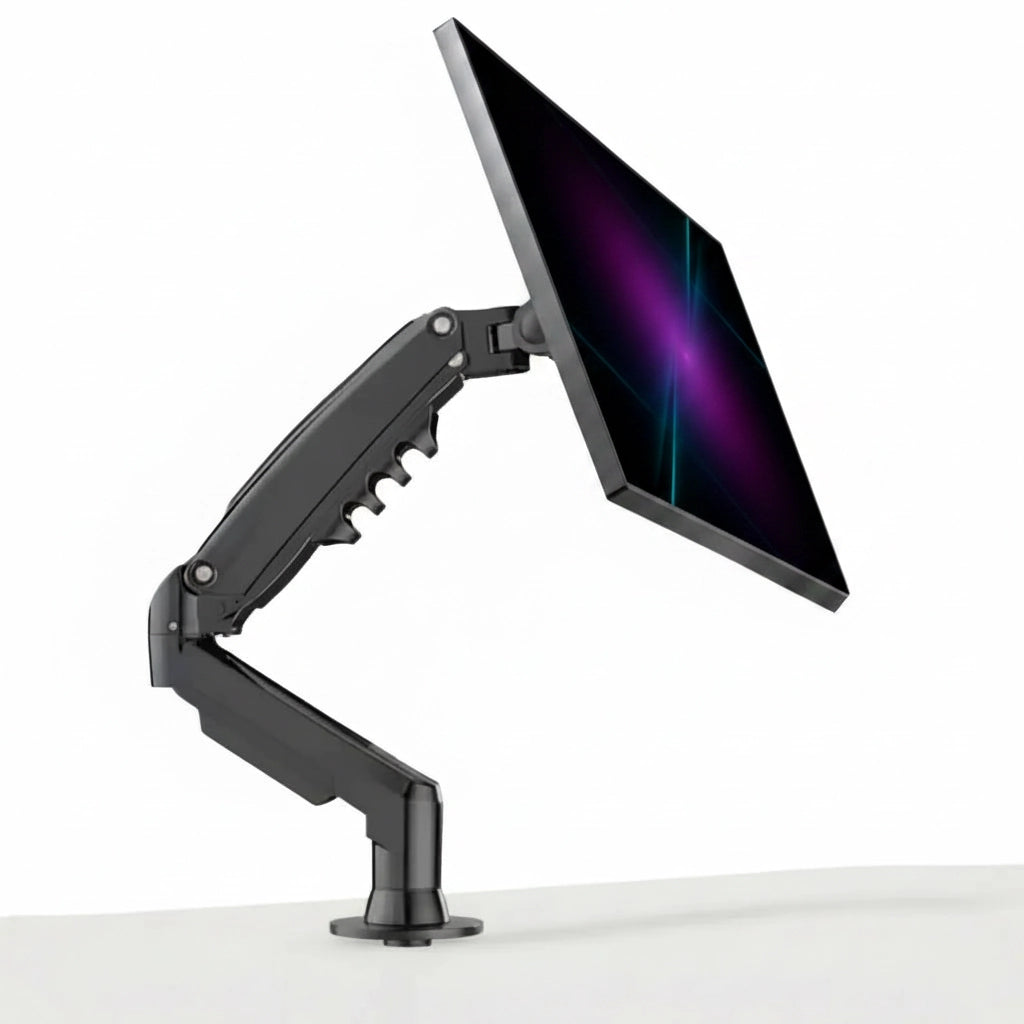 A black dual-arm monitor arm holding a tilted computer monitor, shown against a clean white background.