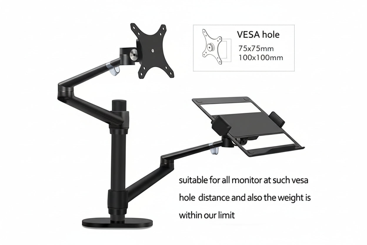 Black adjustable monitor and tablet stand with VESA hole compatibility on a white background