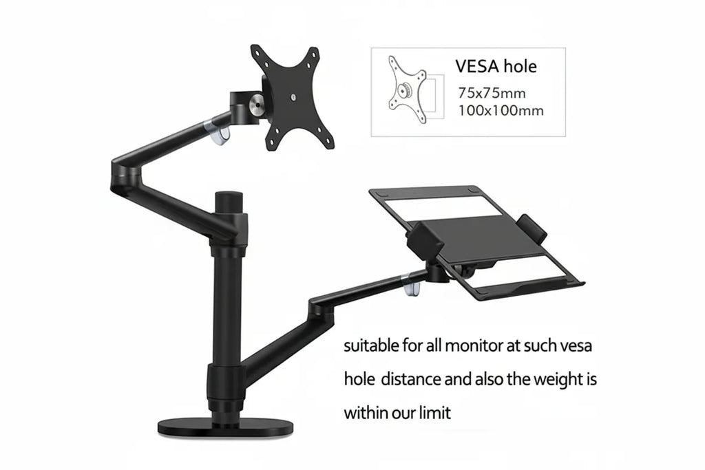 Black adjustable monitor and tablet stand with VESA hole compatibility on a white background