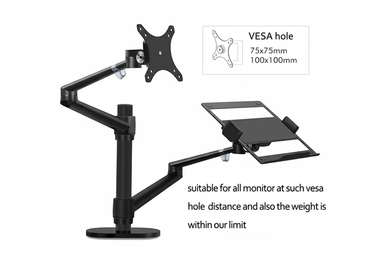 Black adjustable monitor and tablet stand with VESA hole compatibility on a white background
