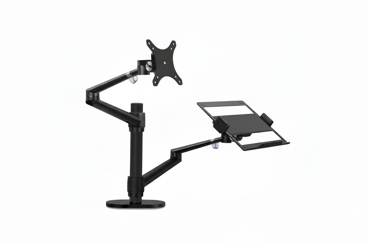 Dual arm adjustable desk mount for monitor and laptop with black finish on white background