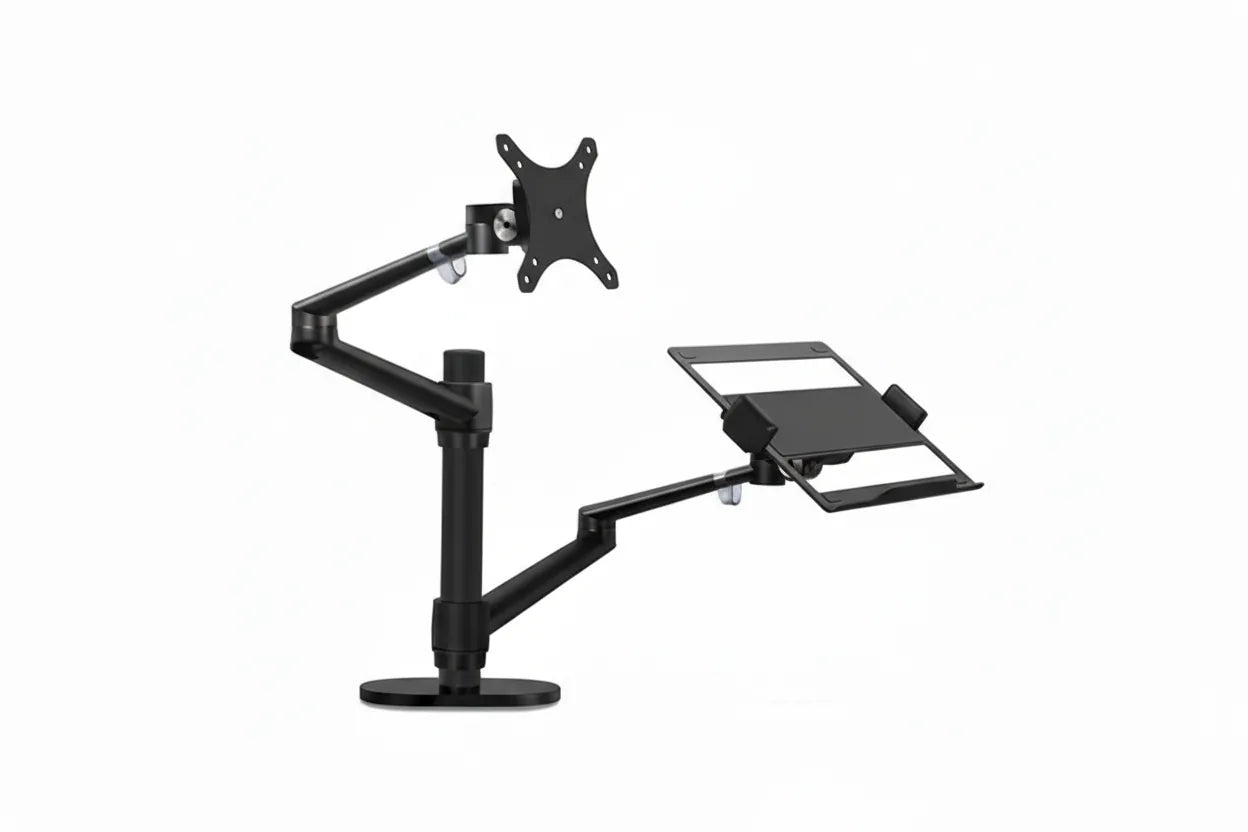 Dual arm adjustable desk mount for monitor and laptop with black finish on white background