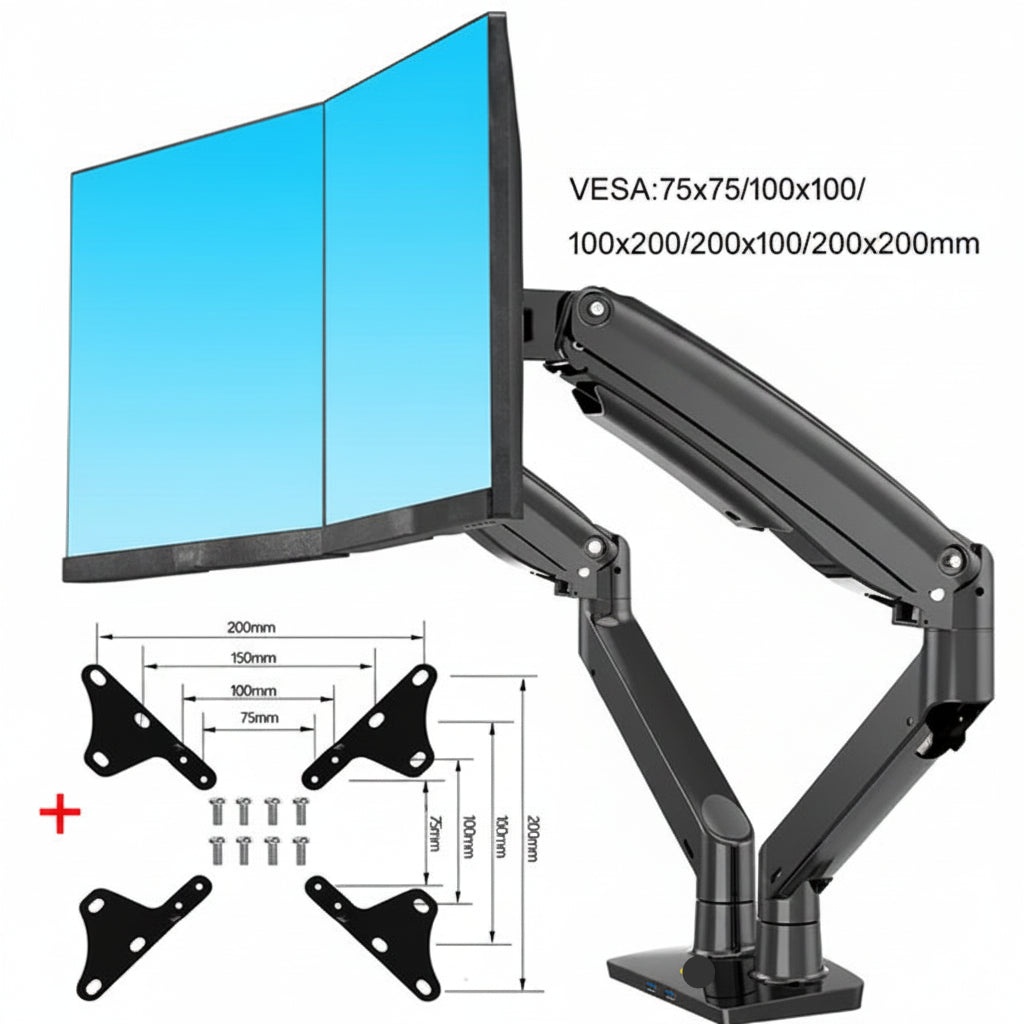 Monitor stand with adjustable arm and mounting brackets, featuring VESA compatibility dimensions.