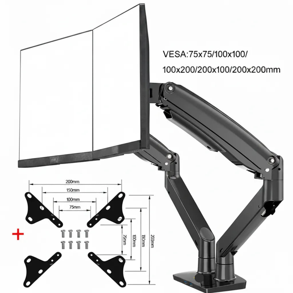 Monitor stand with adjustable arm and mounting brackets, featuring VESA compatibility dimensions.