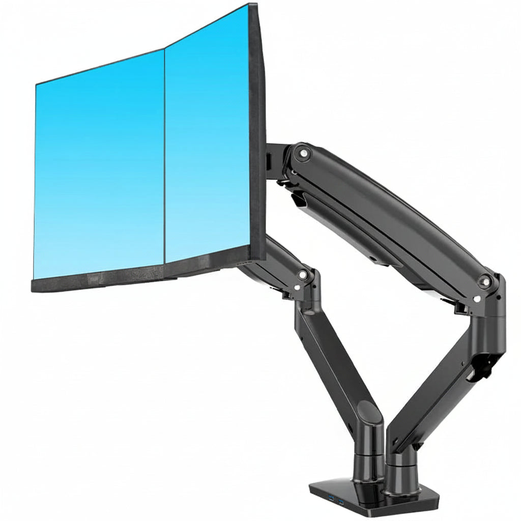 Dual monitor arm holding two flat screens for ergonomic desk setup